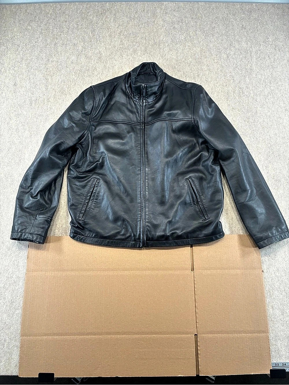 Kenneth Cole Reaction Men’s Black Leather Full Zip Stand-Up Short Jacket XL